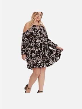 torrid Black Floral Cold-Shoulder Dress with Pink Blossoms